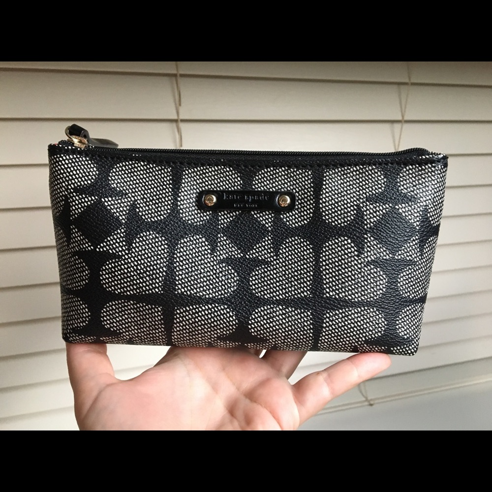 🖤 Kate Spade cosmetic makeup case pouch bag organizer black w/ white spades
